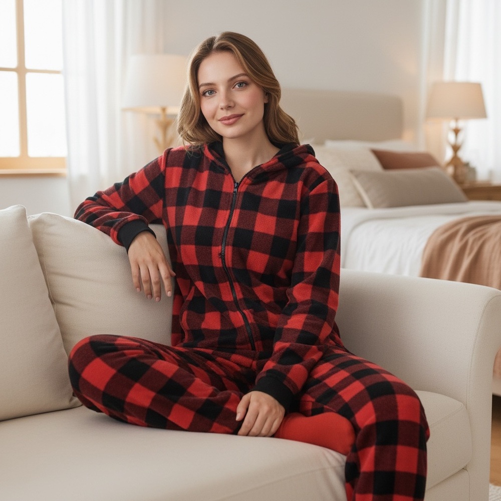 Giggling Getup Red Christmas Pajamas/Flannel Buffalo Plaid with Hood/Size: L